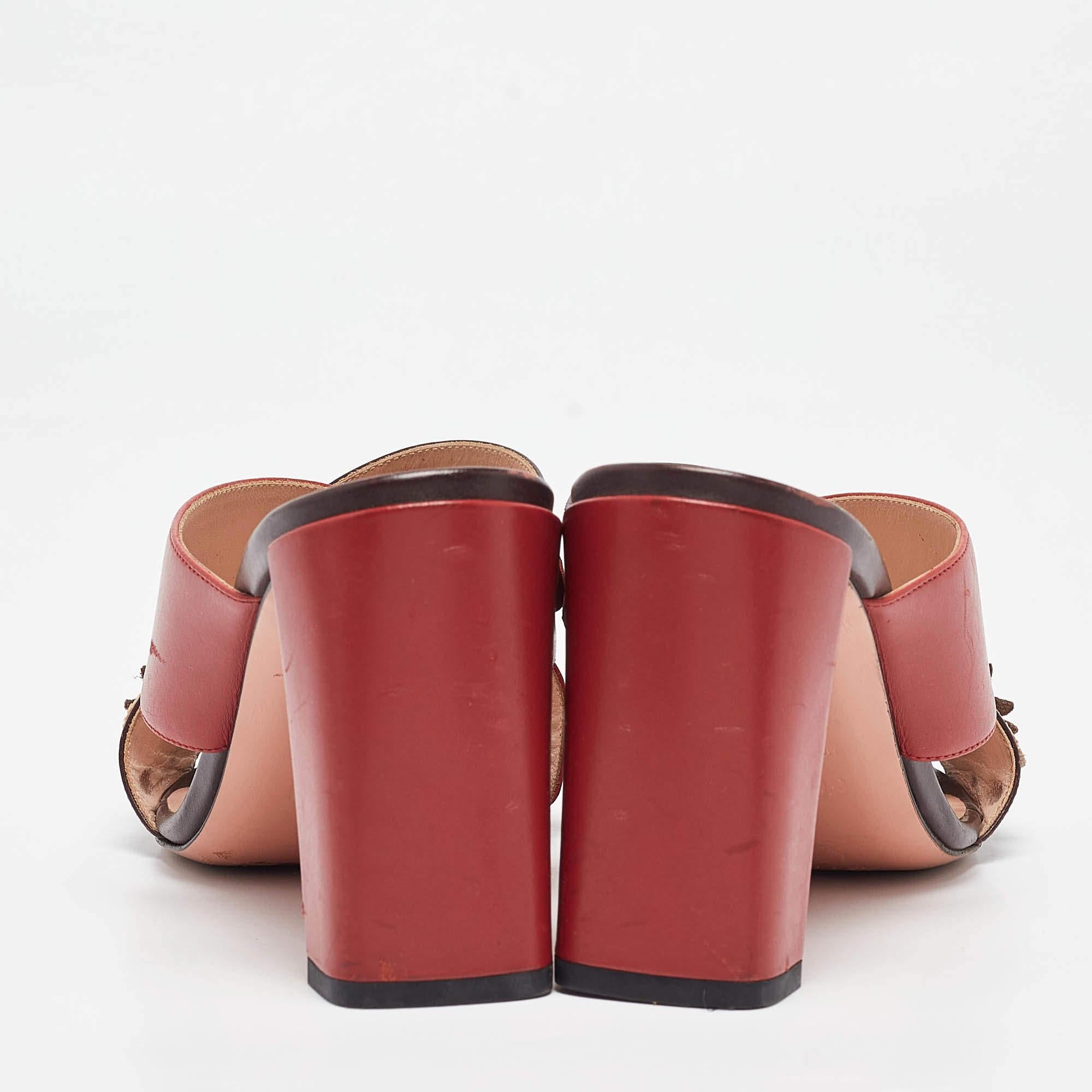 Fendi Red/Brown Leather Flowerland Slide Sandals Size 37 1
