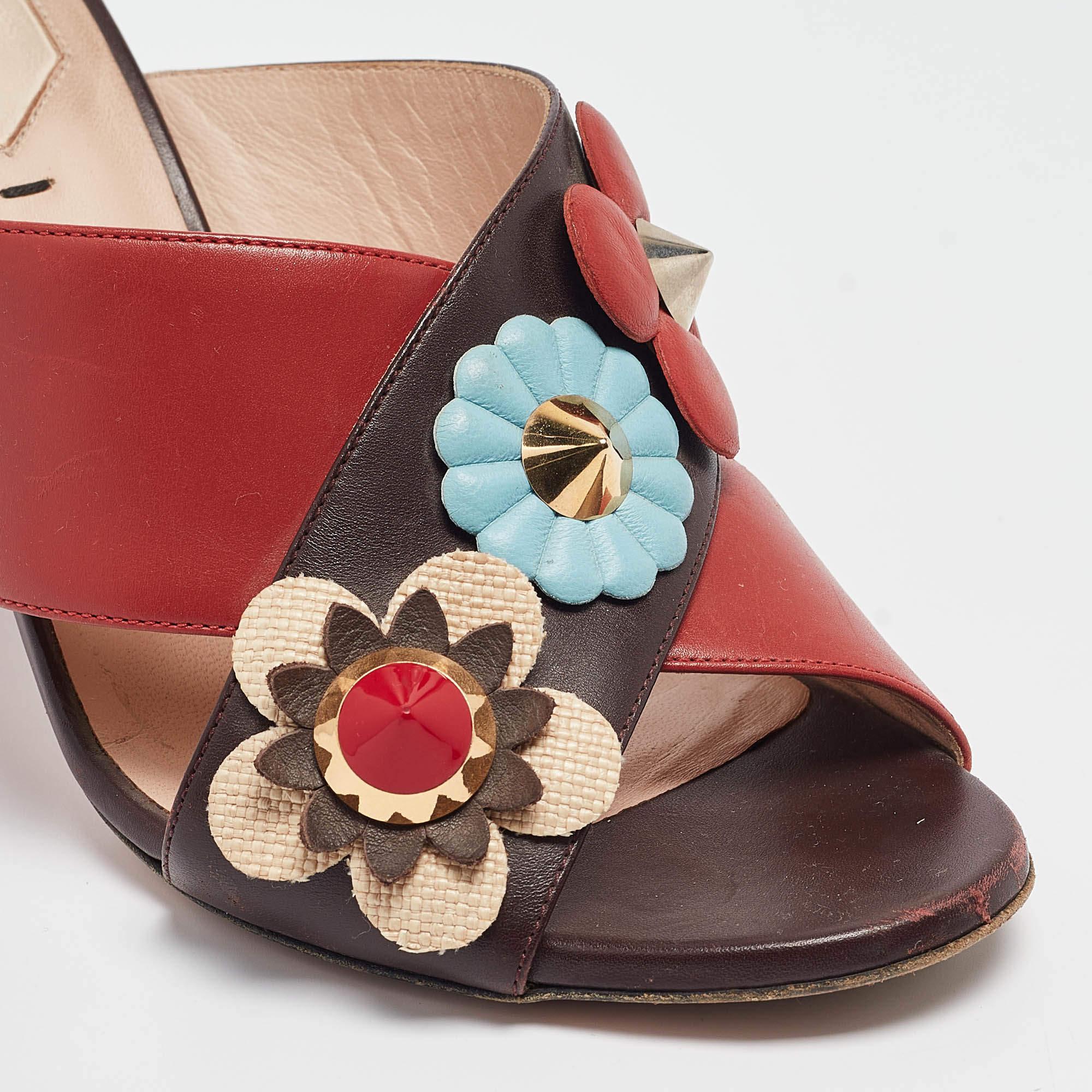 Fendi Red/Brown Leather Flowerland Slide Sandals Size 37 4