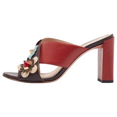 Fendi Red/Brown Leather Flowerland Slide Sandals Size 37