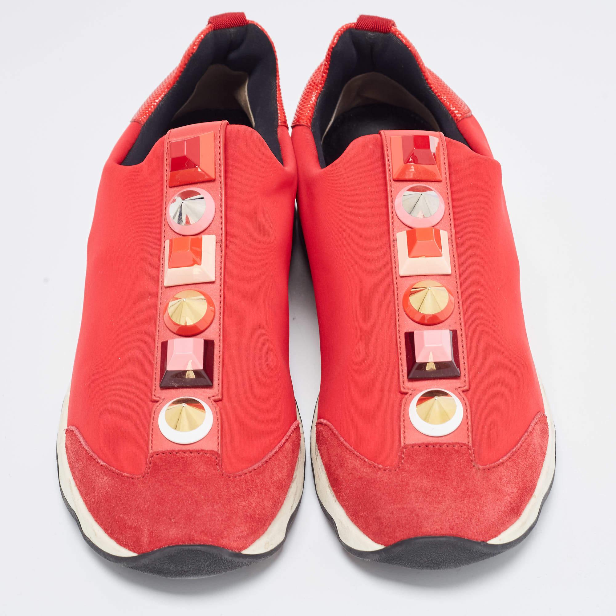 Fendi Red/Brown Neoprene and Lizard Embossed Leather Studded Slip On Sneakers Si In Good Condition For Sale In Dubai, Al Qouz 2