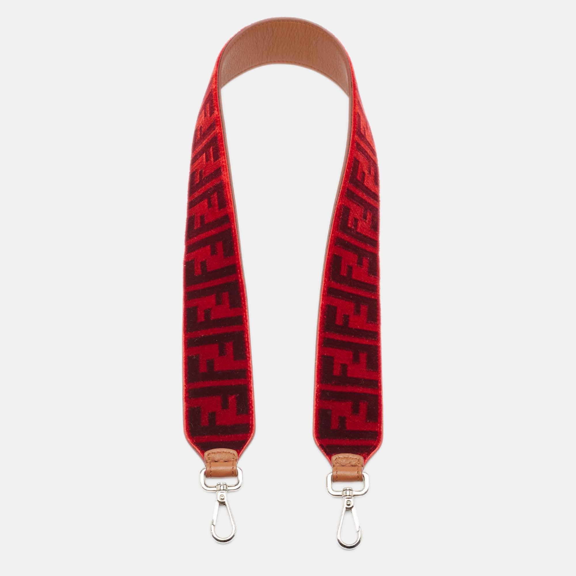 Fendi Red/Burgundy Zucca Velvet Strap You Shoulder Bag Strap In Excellent Condition For Sale In Dubai, Al Qouz 2