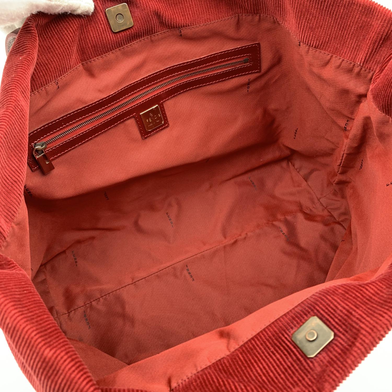 Fendi Red Corduroy Velvet Tote Shoulder Bag Leather Straps 2