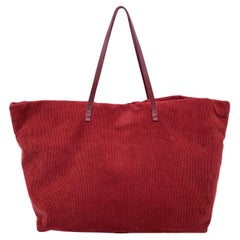 Fendi Red Corduroy Velvet Tote Shoulder Bag Leather Straps