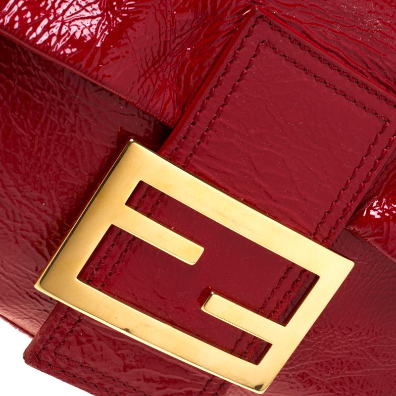 Fendi Red Crinkle Patent Leather Large Mamma Baguette Shoulder Bag 5