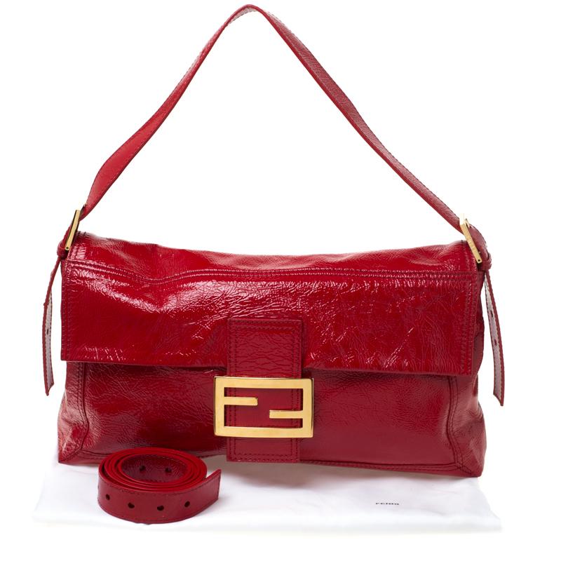 Fendi Red Crinkle Patent Leather Large Mamma Baguette Shoulder Bag 6