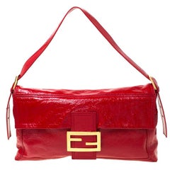 Fendi Red Crinkle Patent Leather Large Mamma Baguette Shoulder Bag