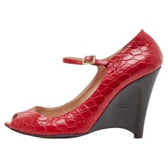 Fendi Red Croc Embossed Leather Peep Toe Wedges Pumps Size 39.5