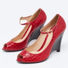 Fendi Red Crocodile Peep Toe Wedge Pumps Size 40