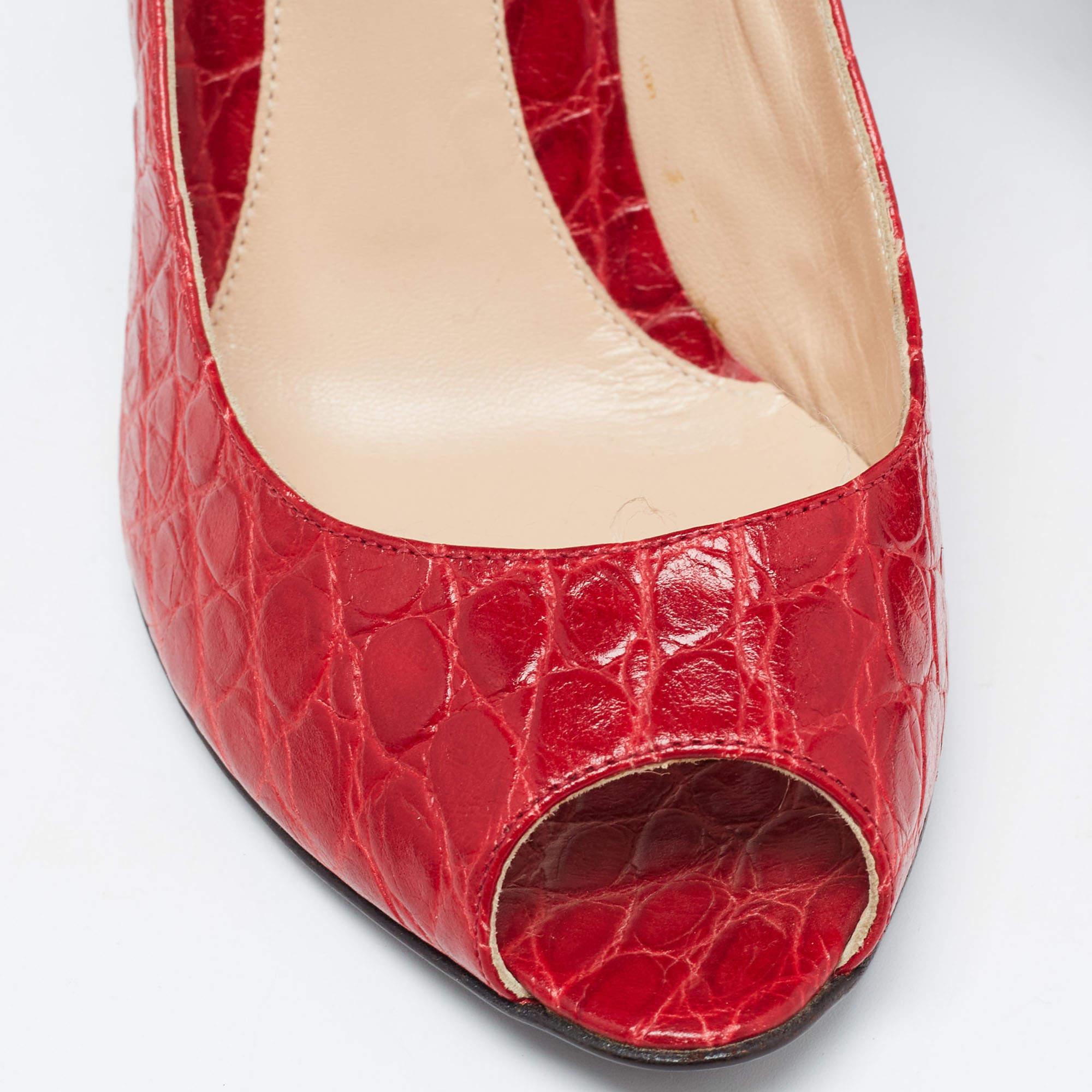 Fendi Red Crocodile Peep Toe Wedge Pumps Size 40 For Sale 2