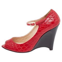 Fendi Red Crocodile Peep Toe Wedge Pumps Size 40