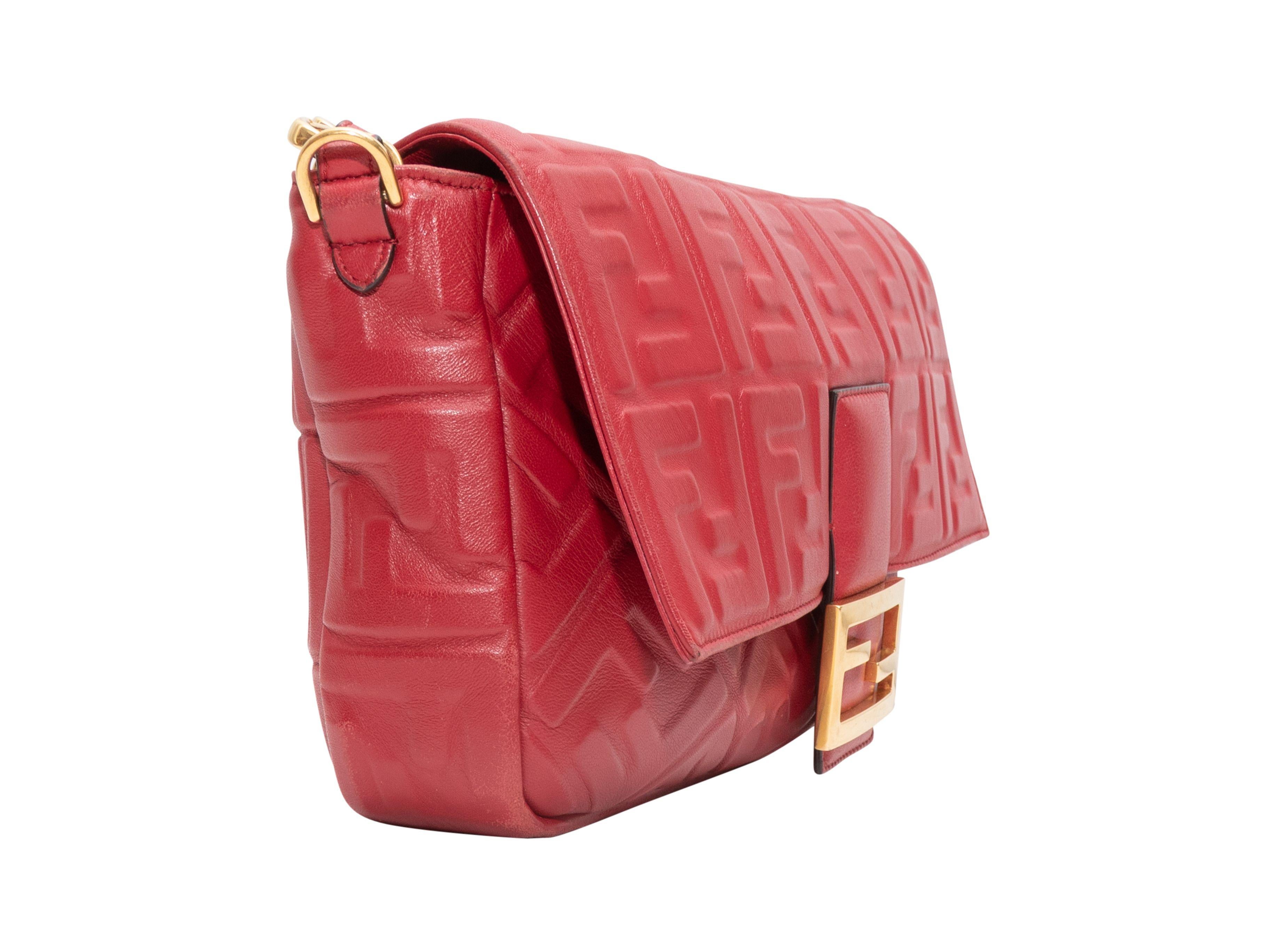 Fendi Red Embossed Leather Zucca NM Baguette Bag In Good Condition In New York, NY