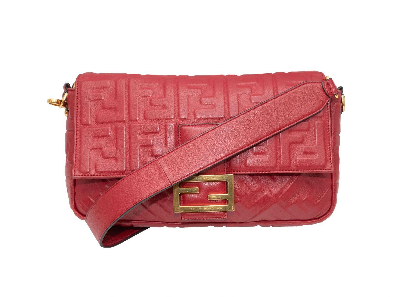 Fendi Red Embossed Leather Zucca NM Baguette Bag 1