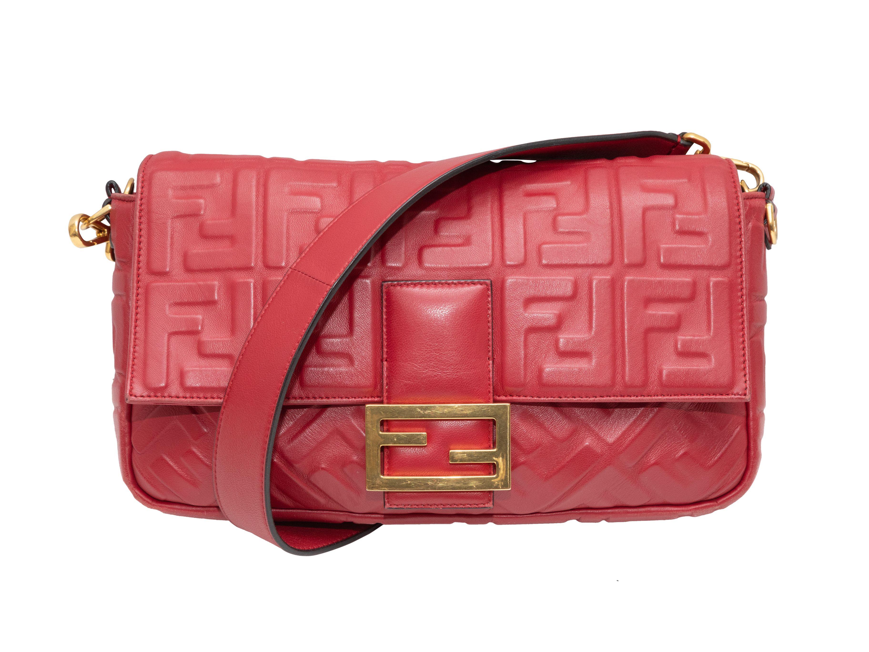 Fendi Red Embossed Leather Zucca NM Baguette Bag 2