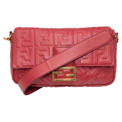 Fendi Red Embossed Leather Zucca NM Baguette Bag