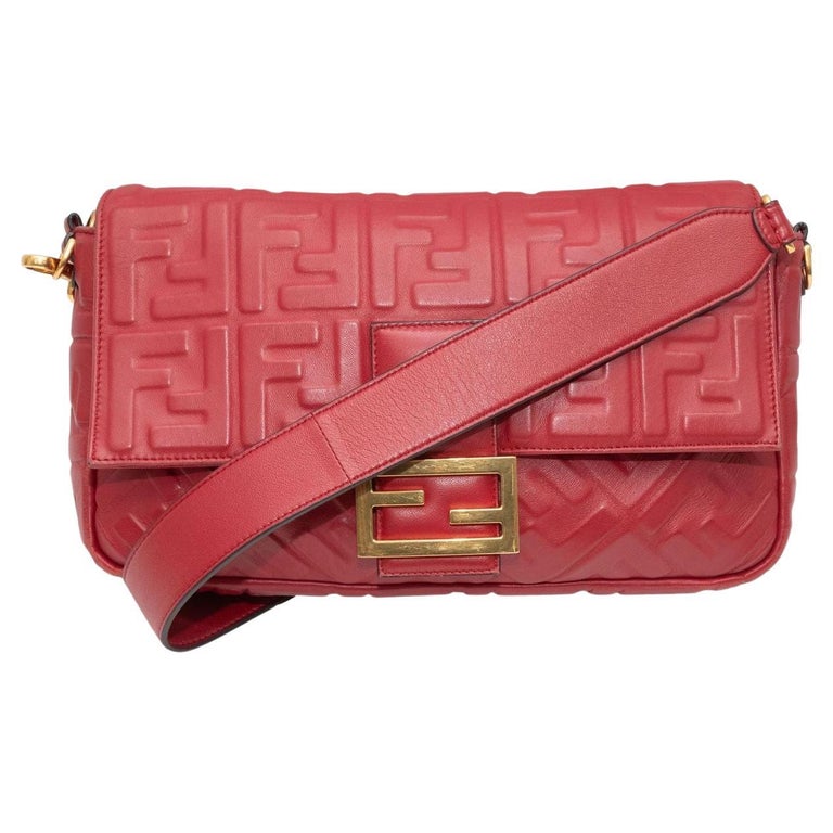 Fendi Red Embossed Leather Zucca Nm Baguette Bag For Sale At 1Stdibs