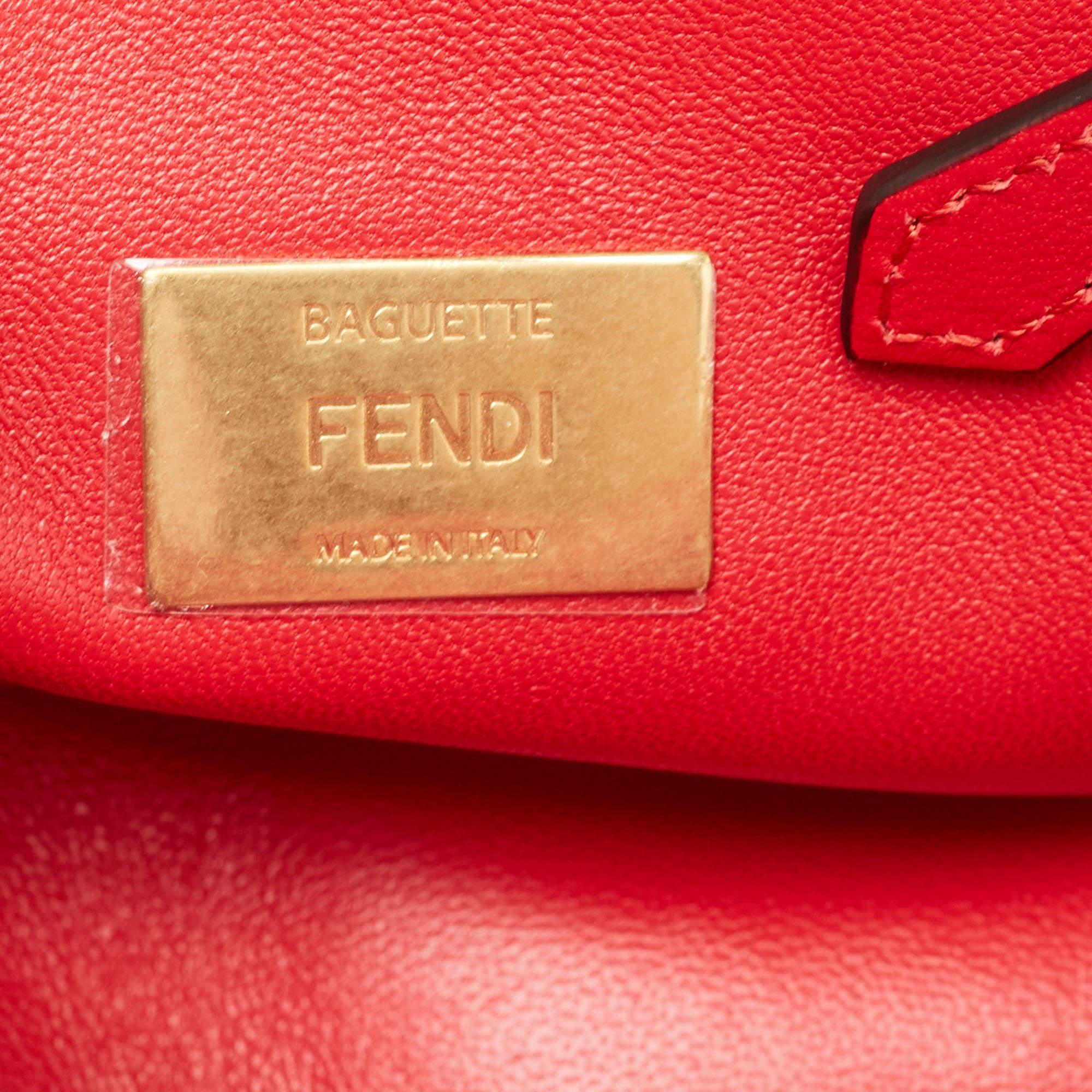 Fendi Red FF Embossed Leather Midi Chain Baguette Bag For Sale 4