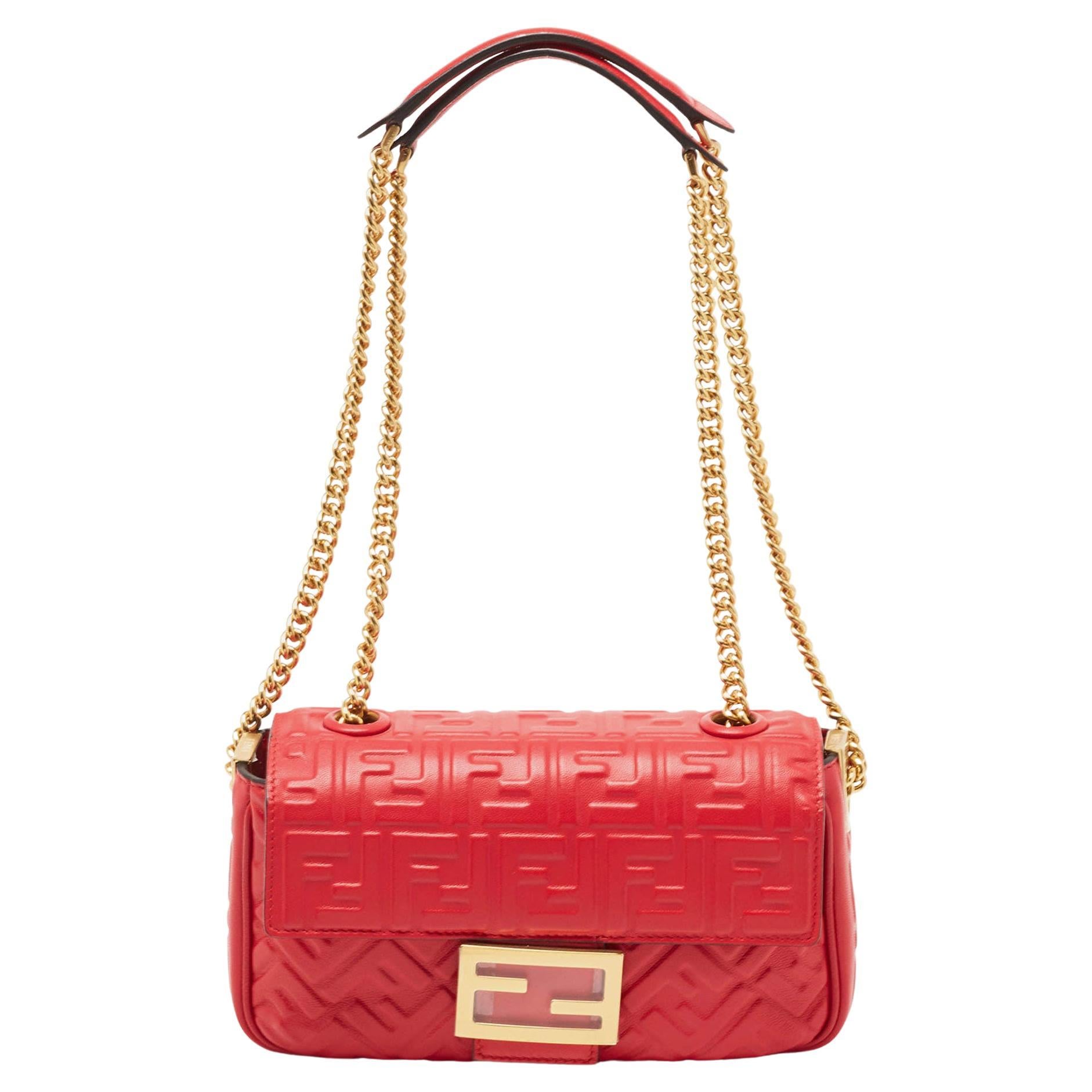 Fendi Red FF Embossed Leather Midi Chain Baguette Bag For Sale