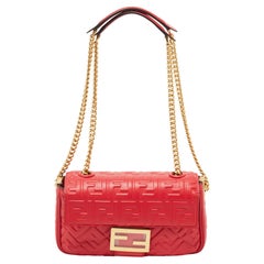 Fendi Red FF Embossed Leather Midi Chain Baguette Bag