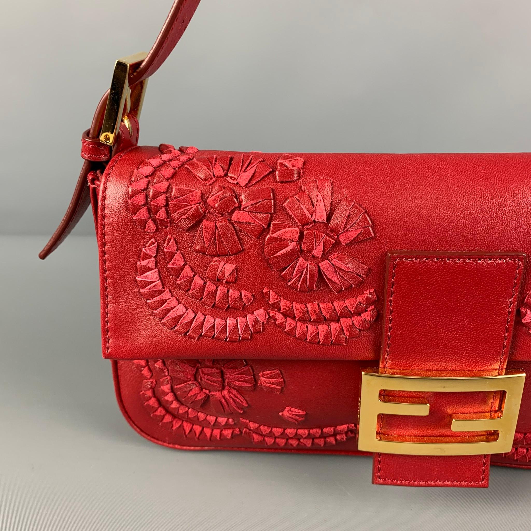 FENDI Red Floral Leather Baguette Shoulder Handbag 6