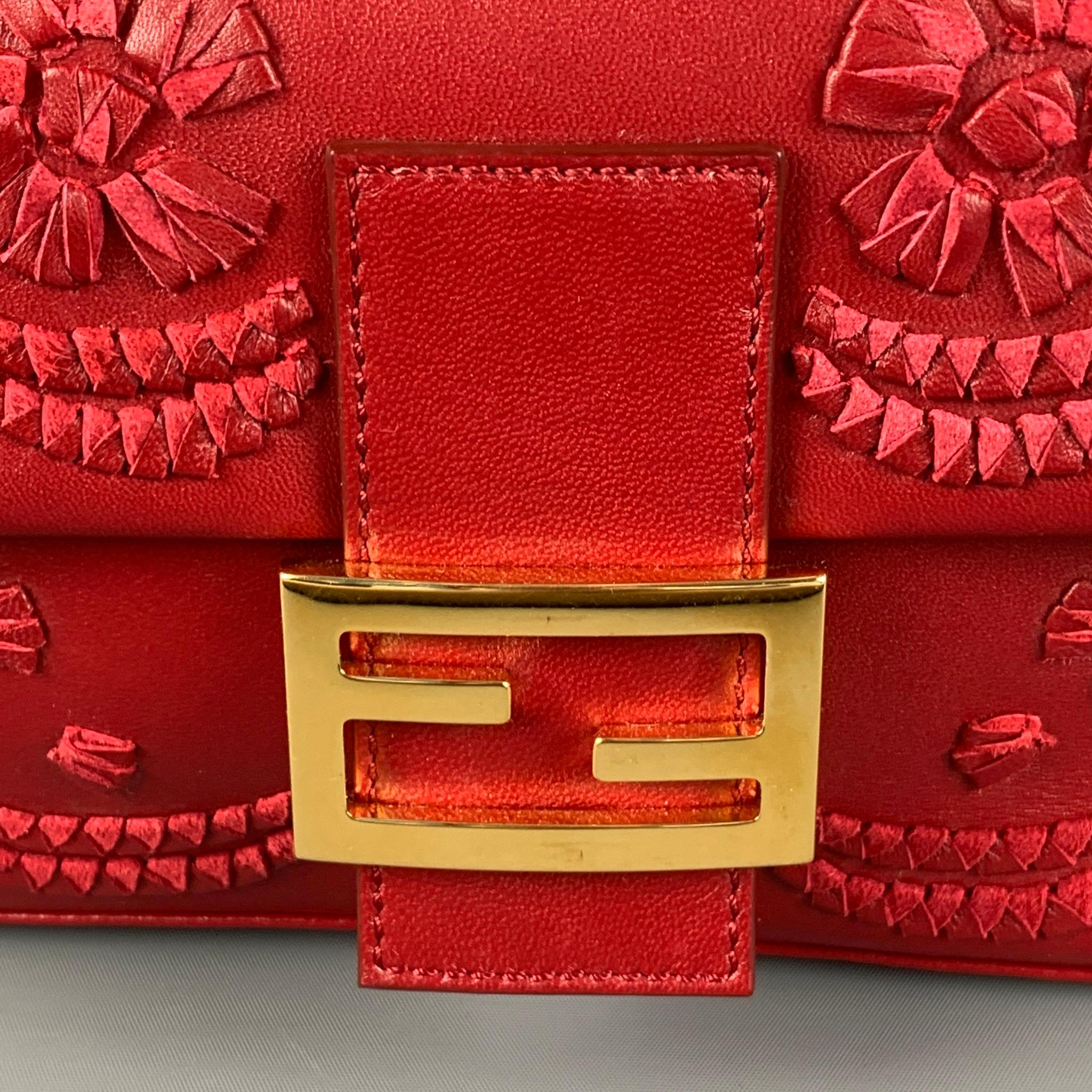 FENDI Red Floral Leather Baguette Shoulder Handbag 7