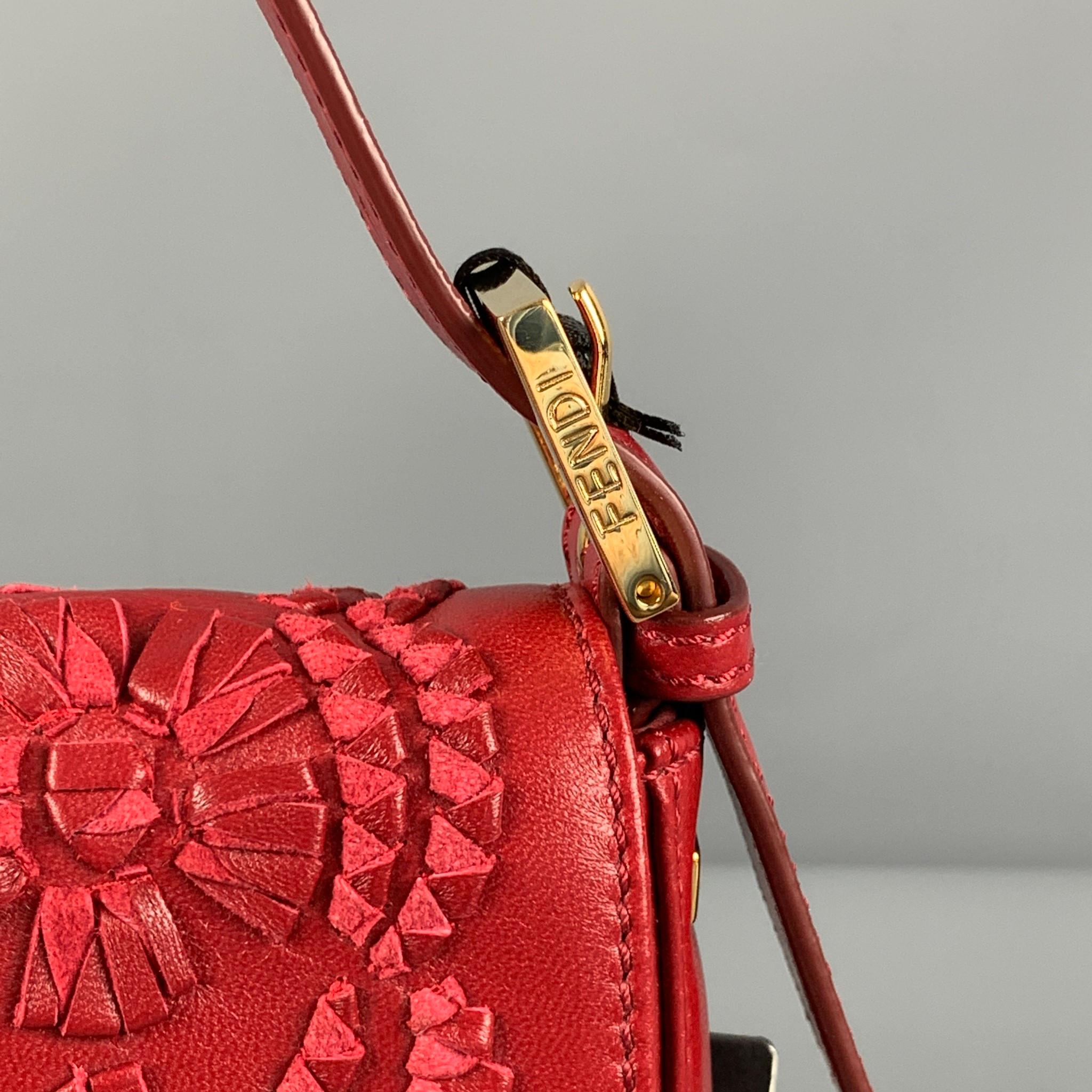 FENDI Red Floral Leather Baguette Shoulder Handbag 8
