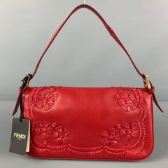 FENDI Red Floral Leather Baguette Shoulder Handbag