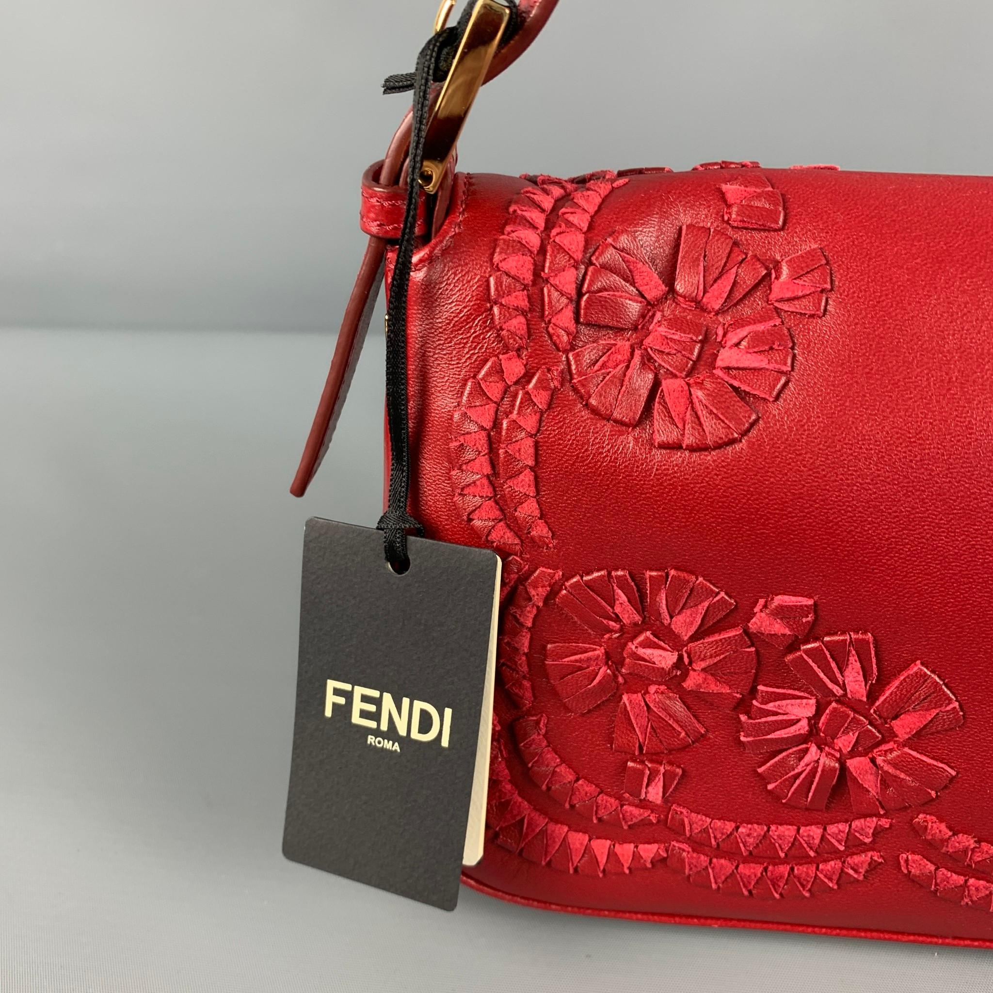 FENDI Red Floral Leather Baguette Shoulder Handbag In Good Condition In San Francisco, CA