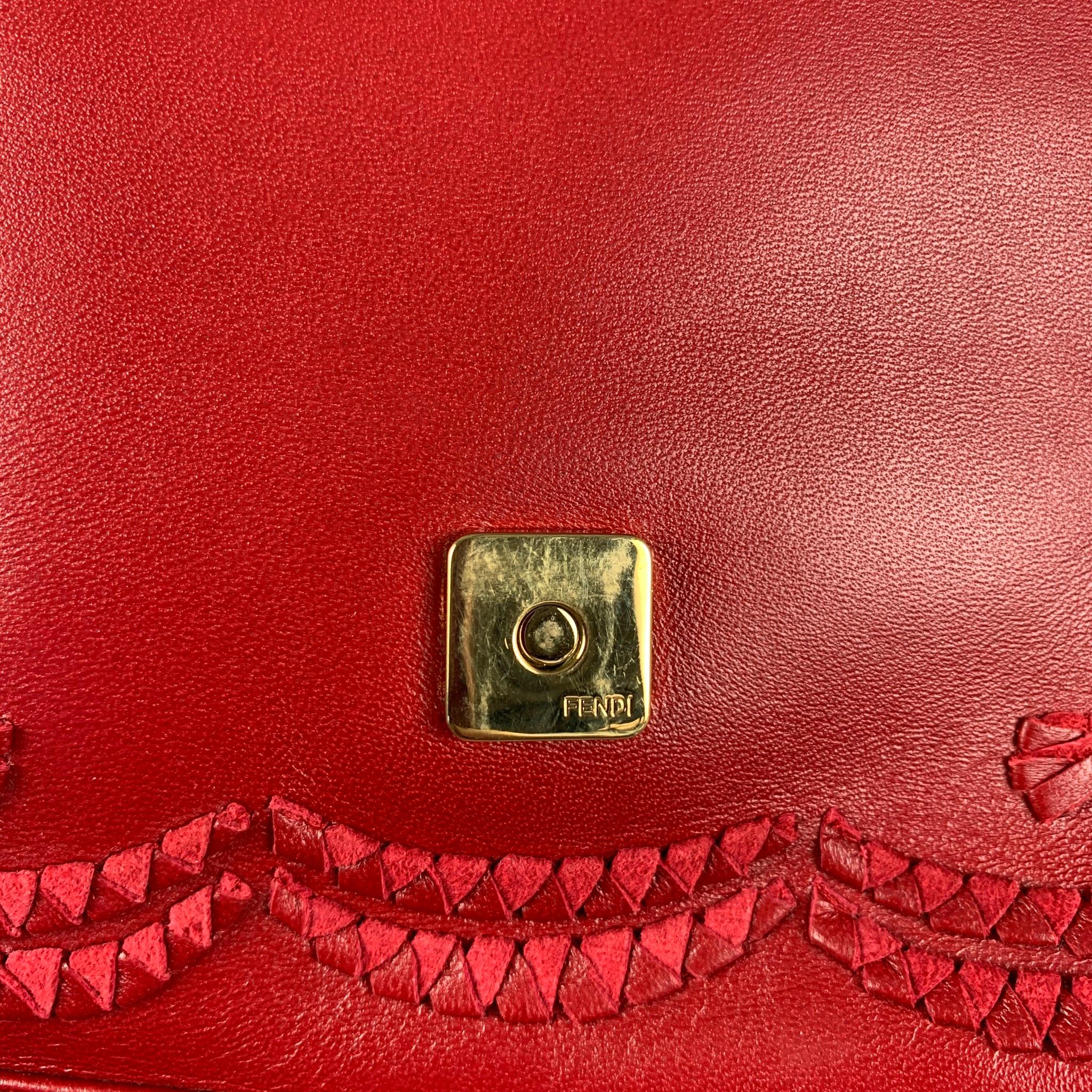 FENDI Red Floral Leather Baguette Shoulder Handbag 2