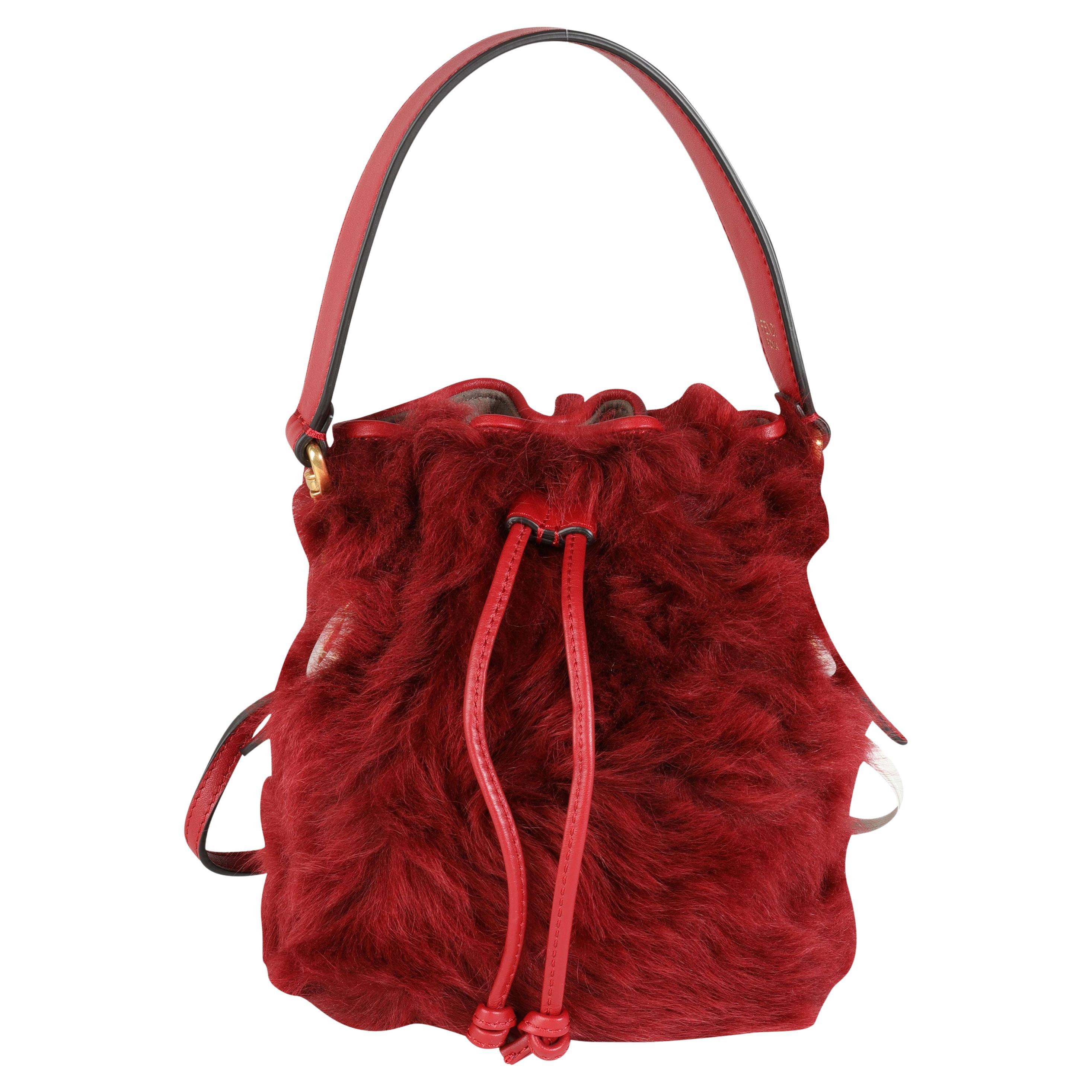 Fendi Red Lamb Fur & Calfskin Leather Mini Mon Trésor Bucket Bag For Sale