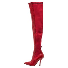 Fendi Red Leather and Fabric Rockoko Over The Knee Length Toe Boots Size 40