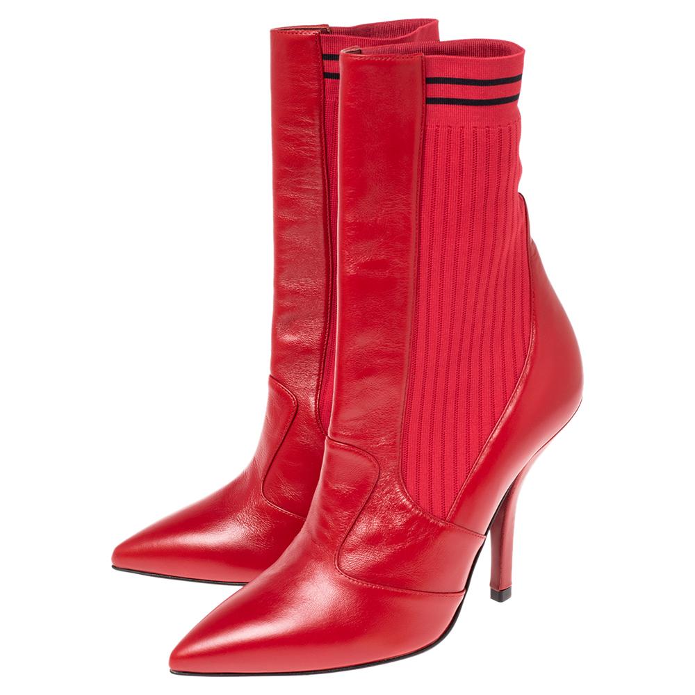 Fendi Red Leather and Knit Fabric Rockoko Ankle Length Boots Size