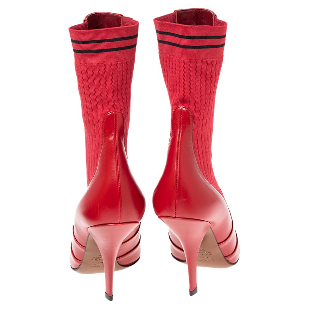 Fendi Red Leather and Knit Fabric Rockoko Ankle Length Boots Size 37 In Excellent Condition In Dubai, Al Qouz 2