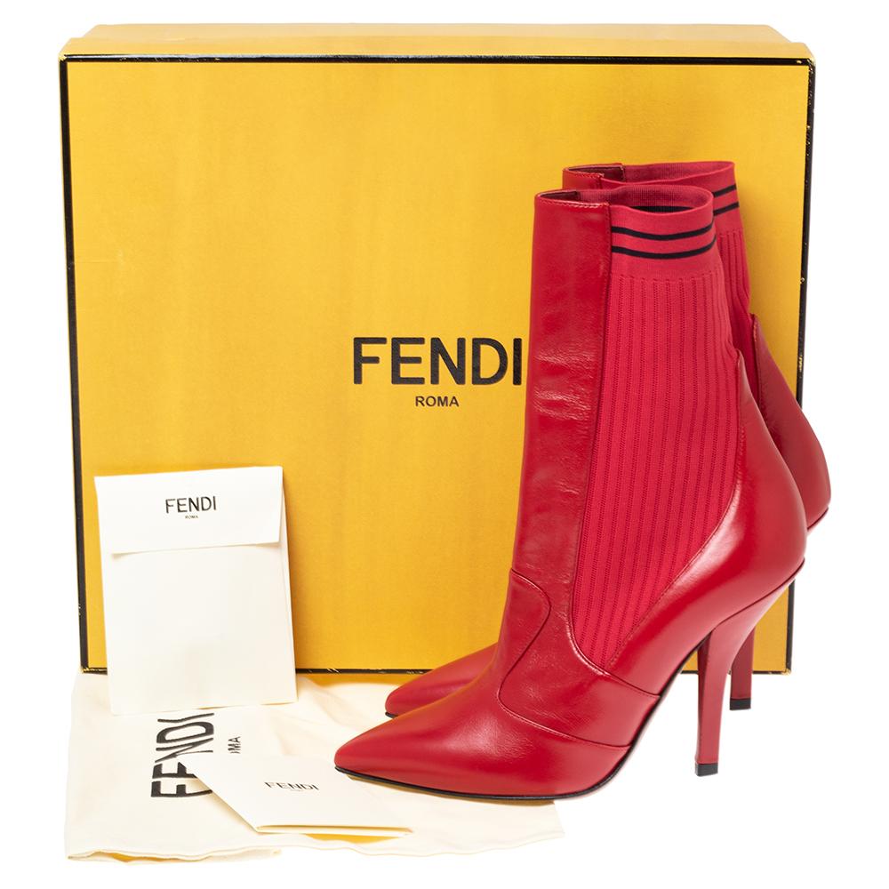 Fendi Red Leather and Knit Fabric Rockoko Ankle Length Boots Size 37 1