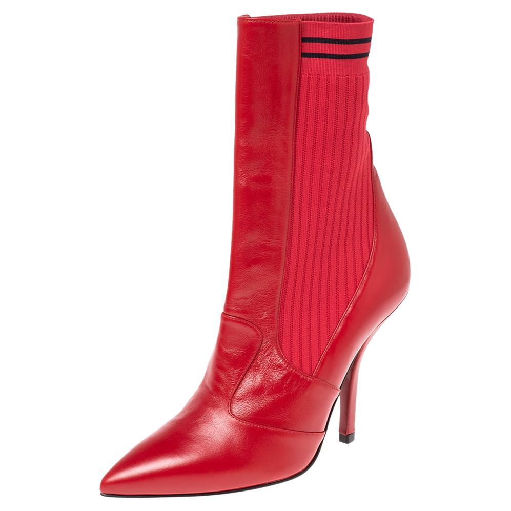Fendi Red Leather and Knit Fabric Rockoko Ankle Length Boots Size 37