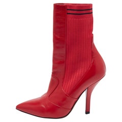 Fendi Red Leather and Knit Fabric Rockoko Boots Size 37