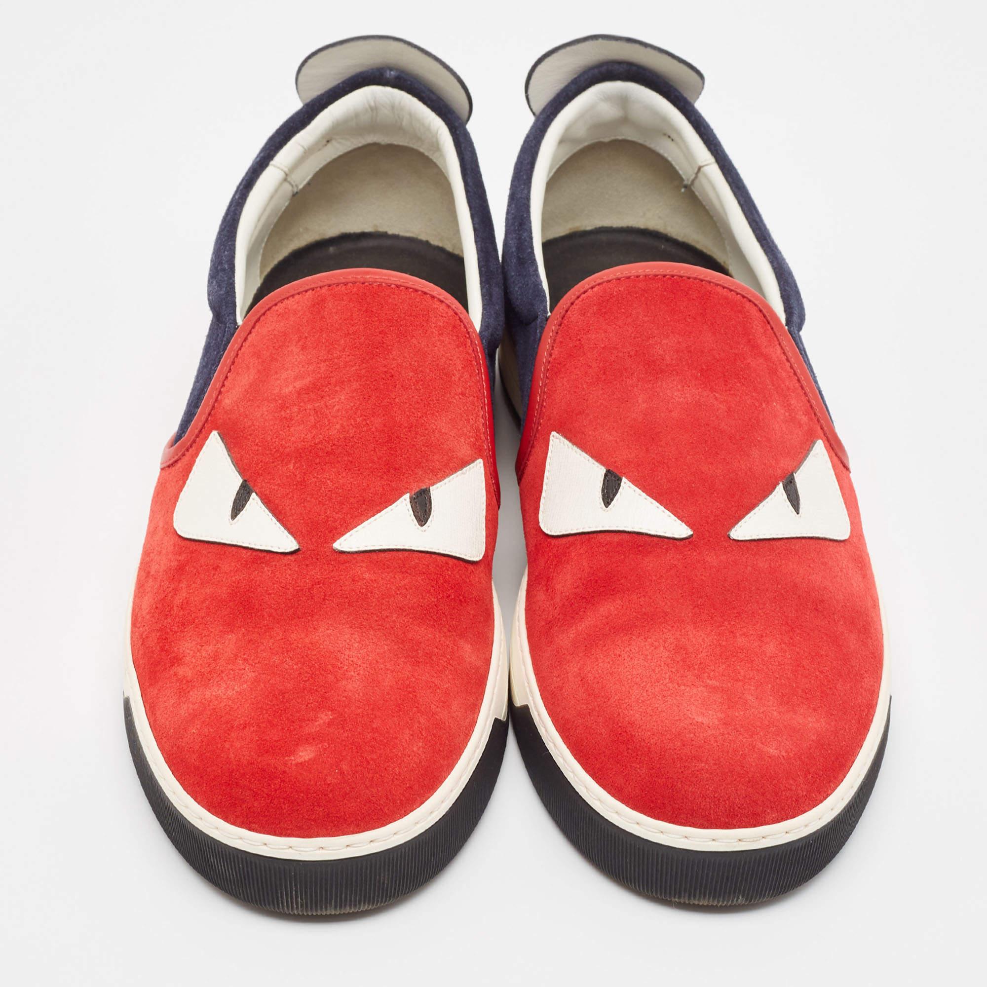 Brown Fendi Red Leather and Suede Monster Slip On Sneakers Size 44 For Sale