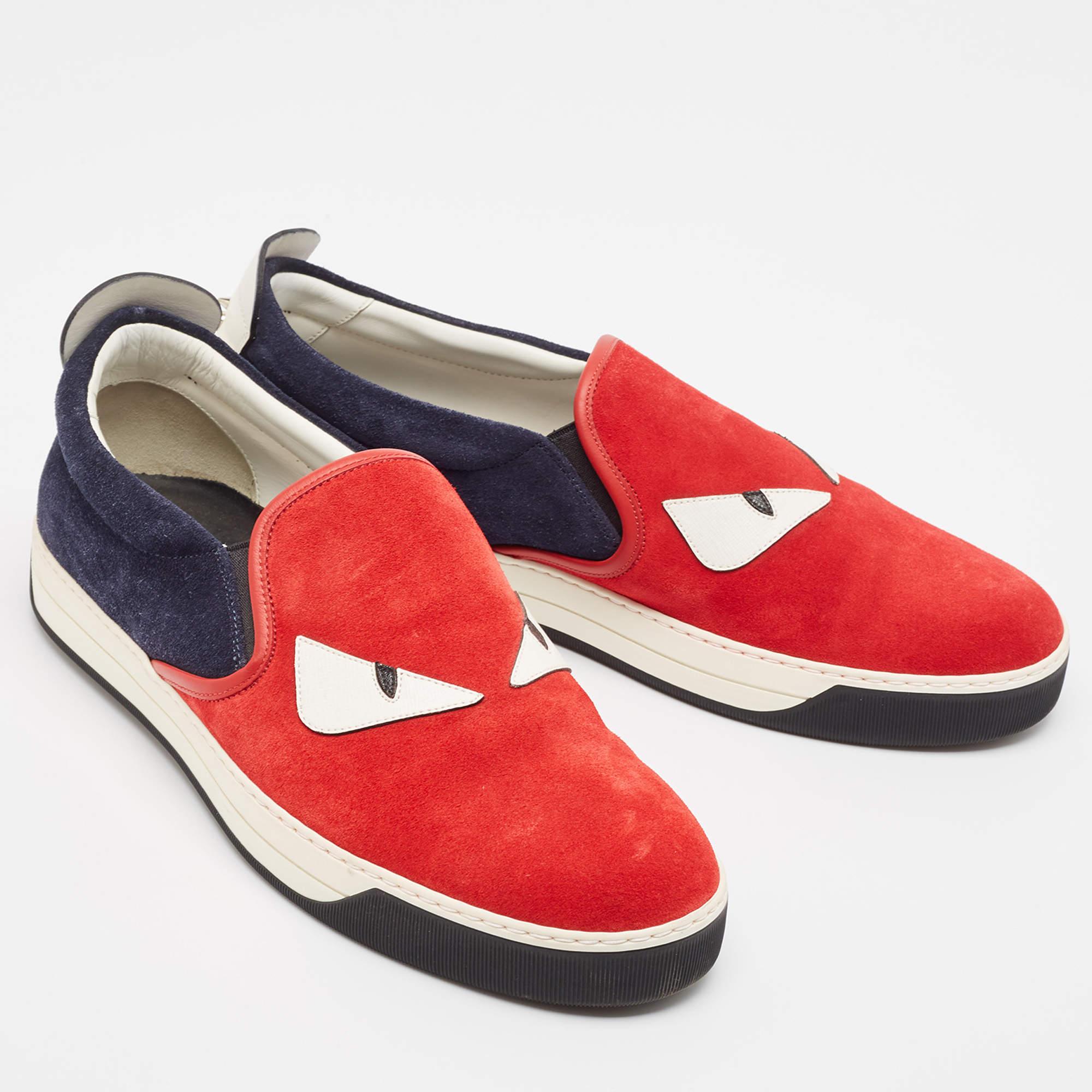 Fendi Red Leather and Suede Monster Slip On Sneakers Size 44 In Excellent Condition For Sale In Dubai, Al Qouz 2