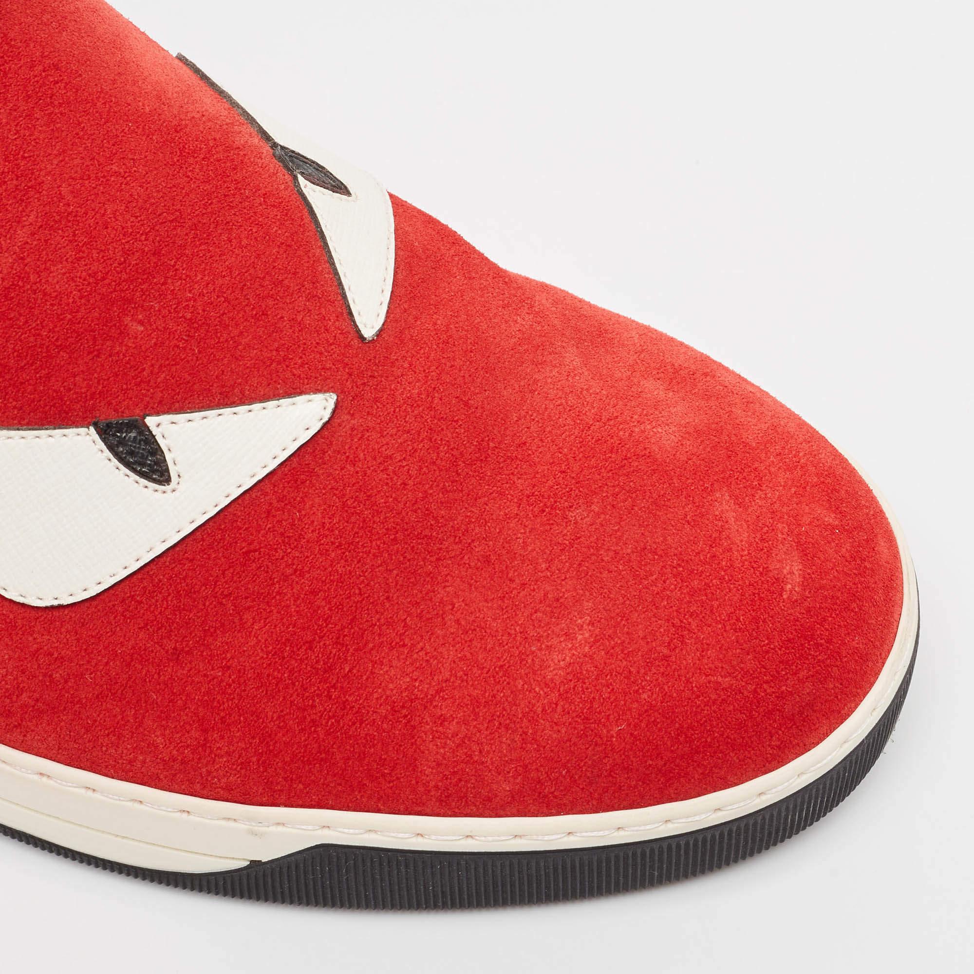 Fendi Red Leather and Suede Monster Slip On Sneakers Size 44 For Sale 2