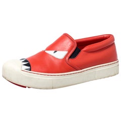 Fendi Red Leather Bag Bugs Slip On Sneakers Size 37