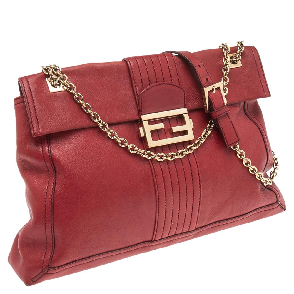 Brown Fendi Red Leather Maxi Baguette Flap Shoulder Bag