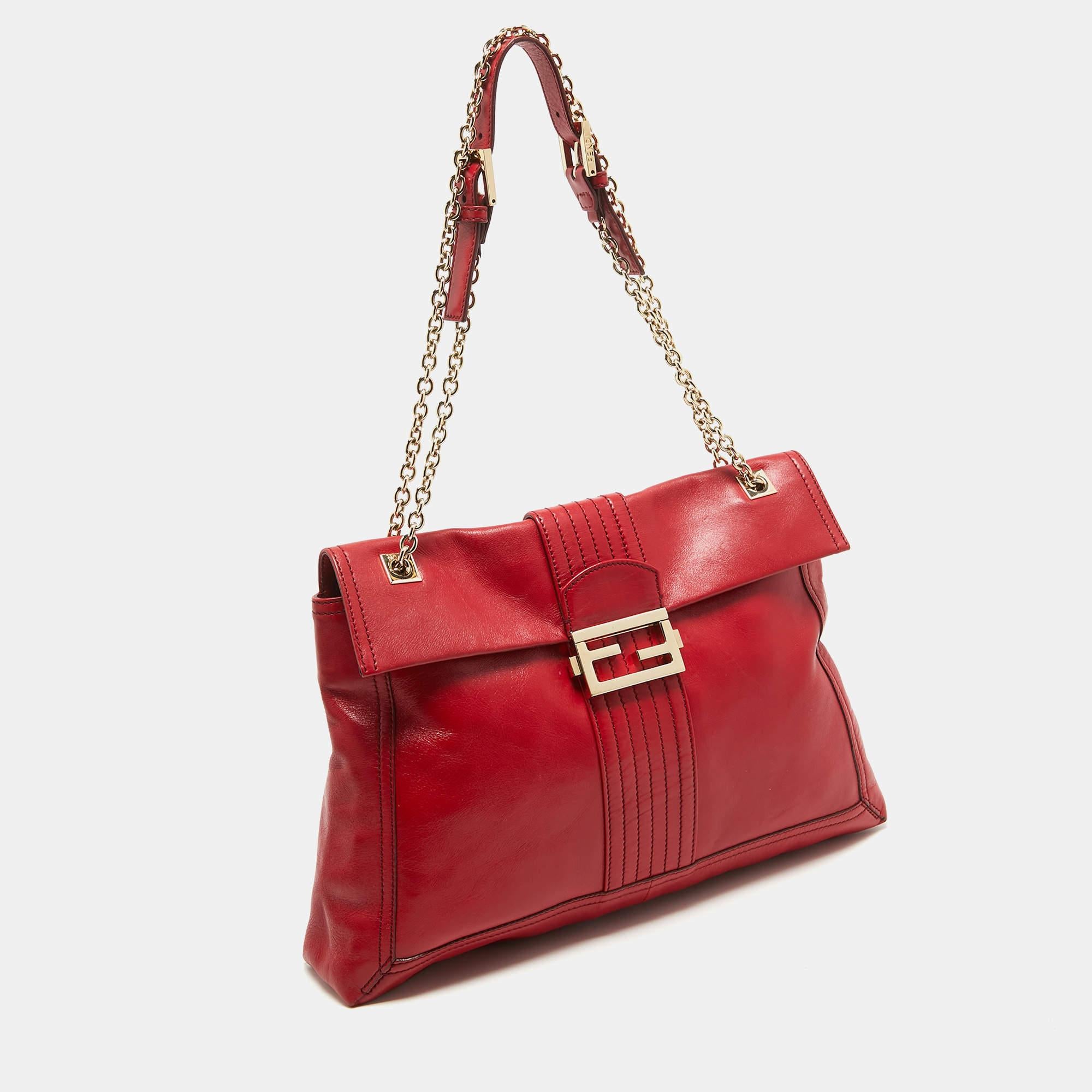 Fendi Red Leather Maxi Baguette Flap Shoulder Bag 4