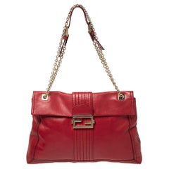Used Fendi Red Leather Maxi Baguette Flap Shoulder Bag