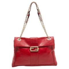 Fendi Red Leather Maxi Baguette Flap Shoulder Bag