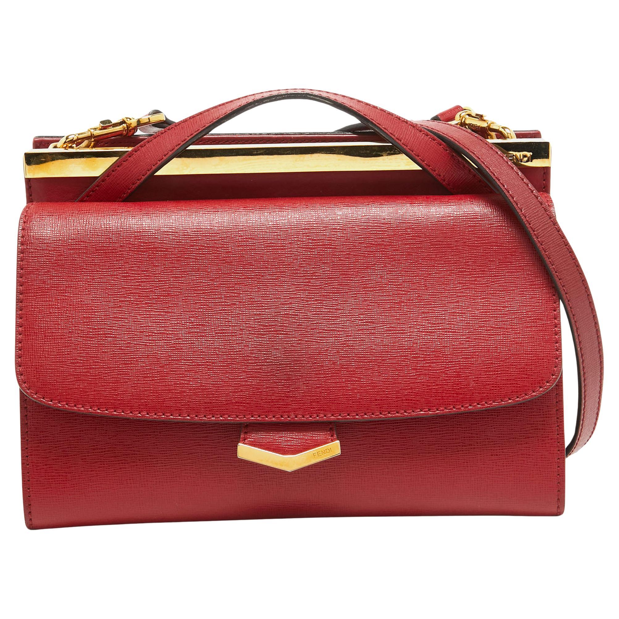 Fendi Red Leather Mini Demi Jour Top Handle Bag For Sale