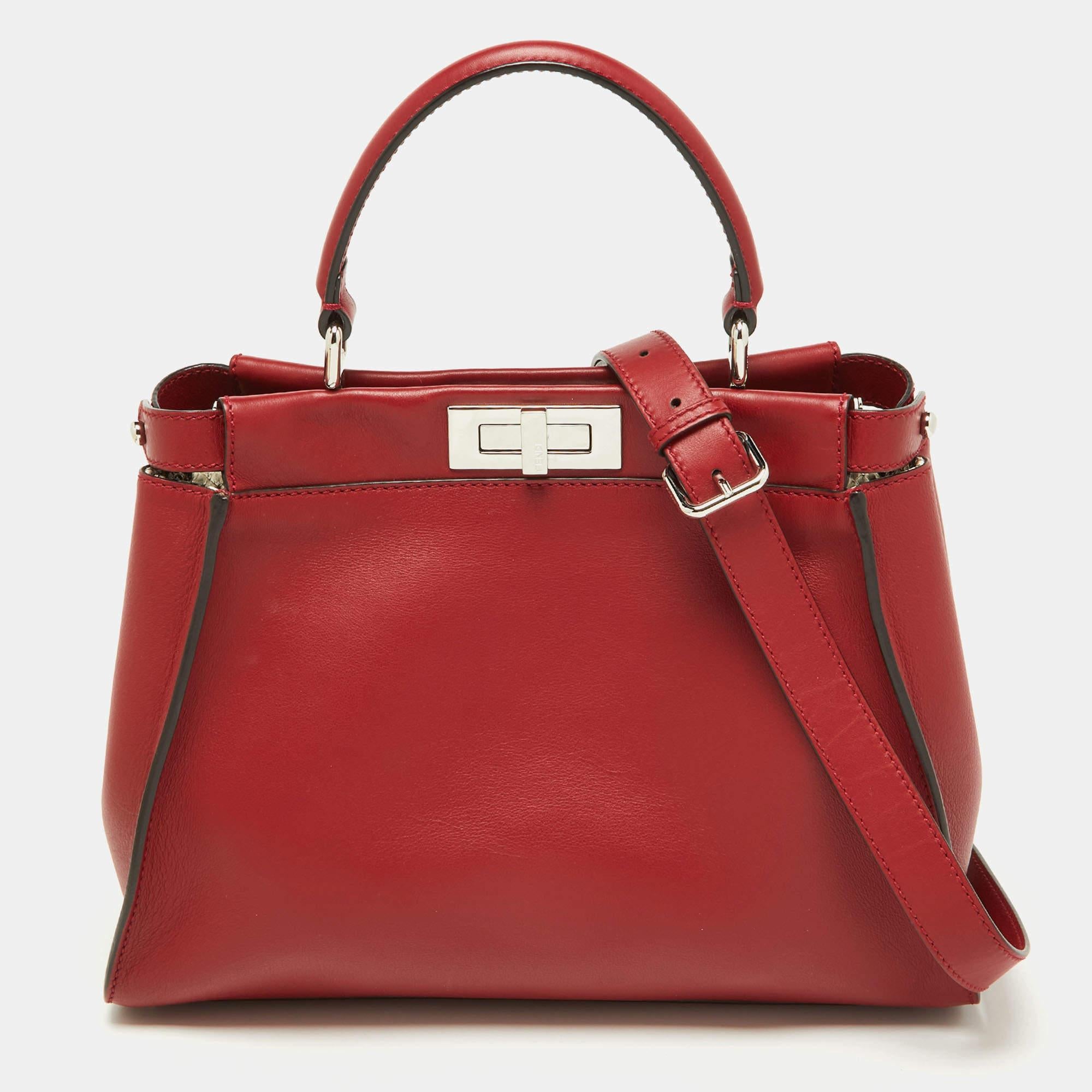 Fendi Red Leather Regular PeekabooTop Handle Bag For Sale 8