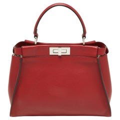 Fendi Red Leather Regular PeekabooTop Handle Bag