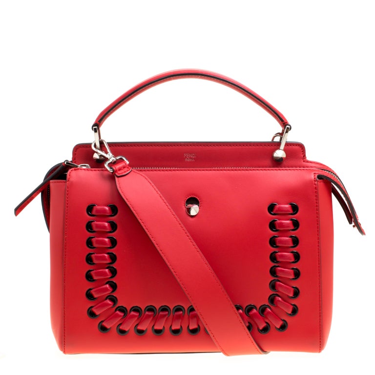 Fendi Red Leather Whipstitch Dotcom Top Handle Bag For Sale at 1stDibs