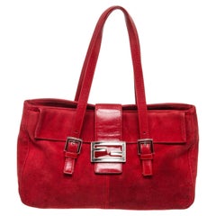 Fendi Red Leather Zucca Mama Baugette Shoulder Bag with leather, gold-tone 