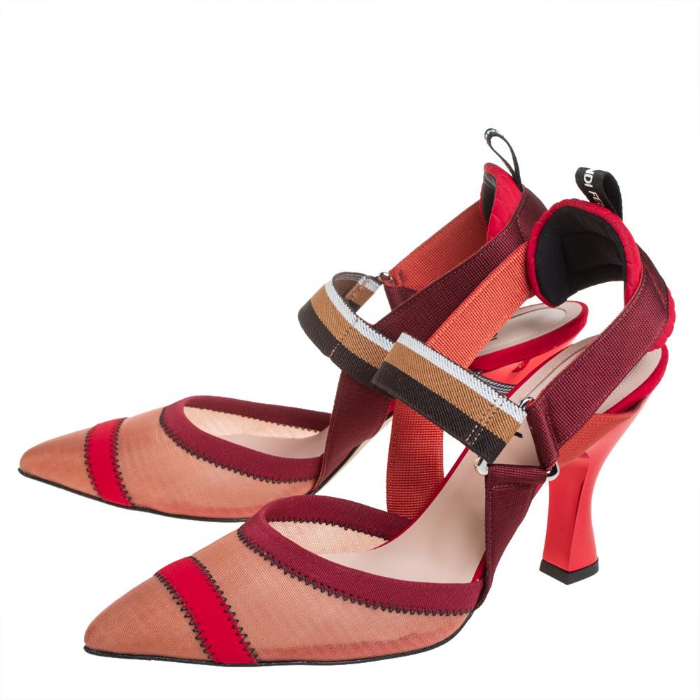 Fendi Rot Mesh und Stoff Colibri Slingback Sandalen Größe 40 Damen