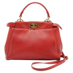 Fendi Red Nappa Leather Mini Peekaboo Bag Handbag with Strap